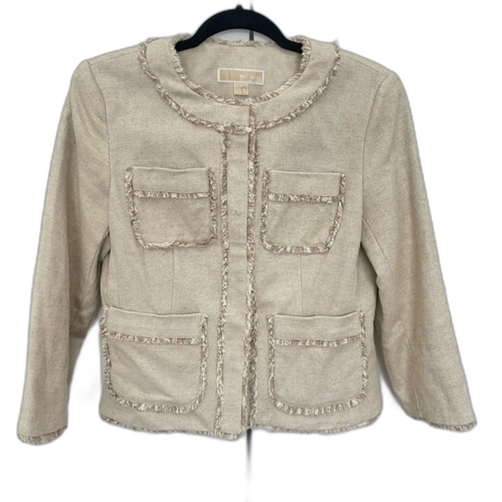 MICHAEL Michael Kors Linen Blazer Size 2 XS Tan Beige Frayed Hem